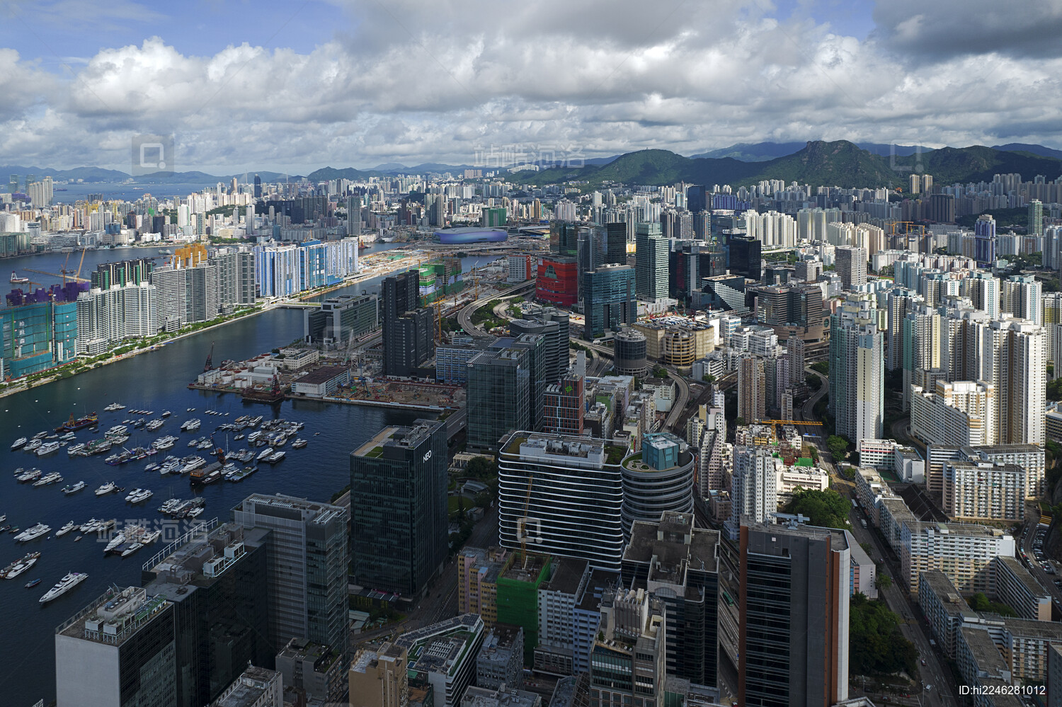 中国香港观塘商贸区航拍城市建筑风光