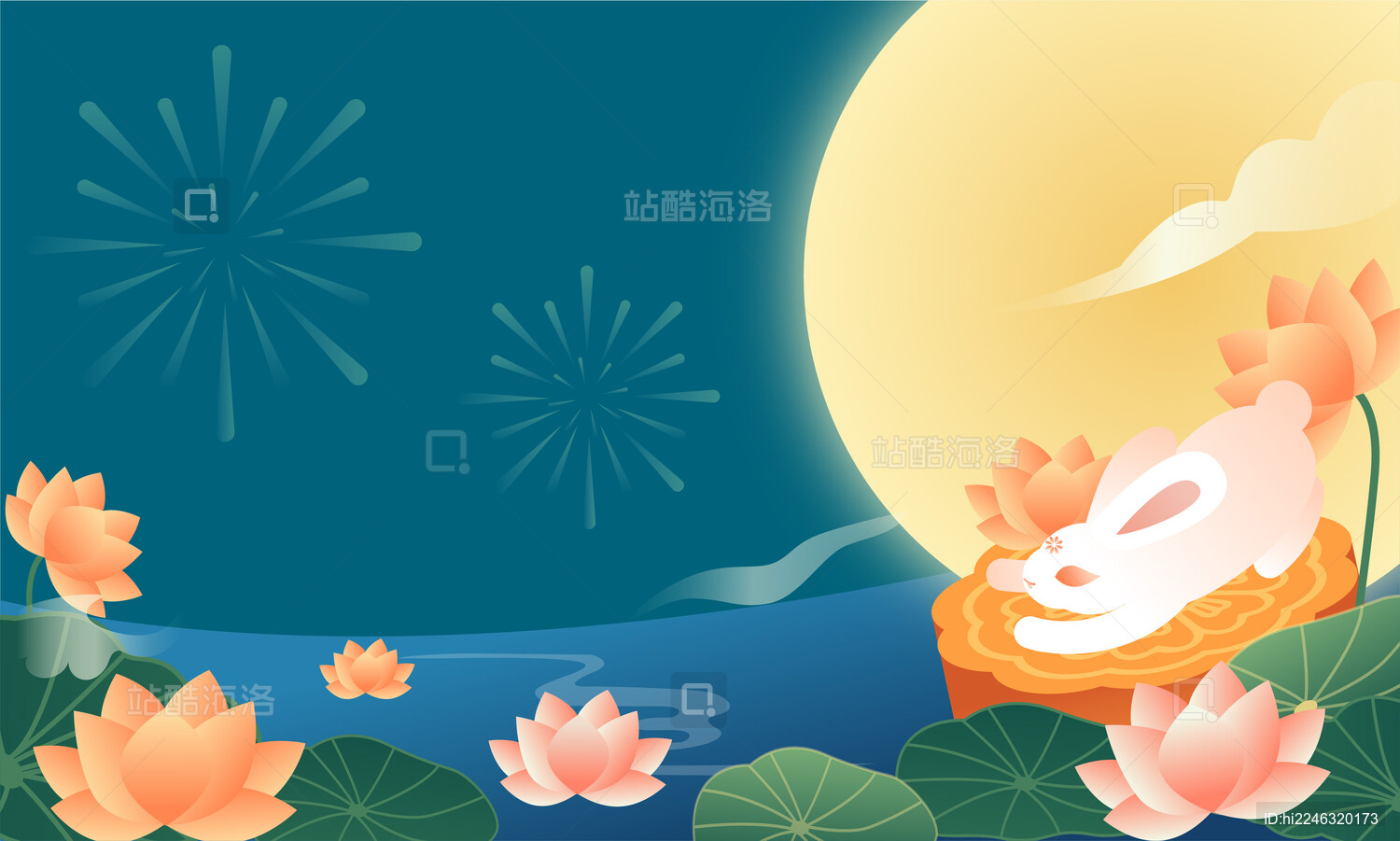 中秋节玉兔月饼明月荷花插画