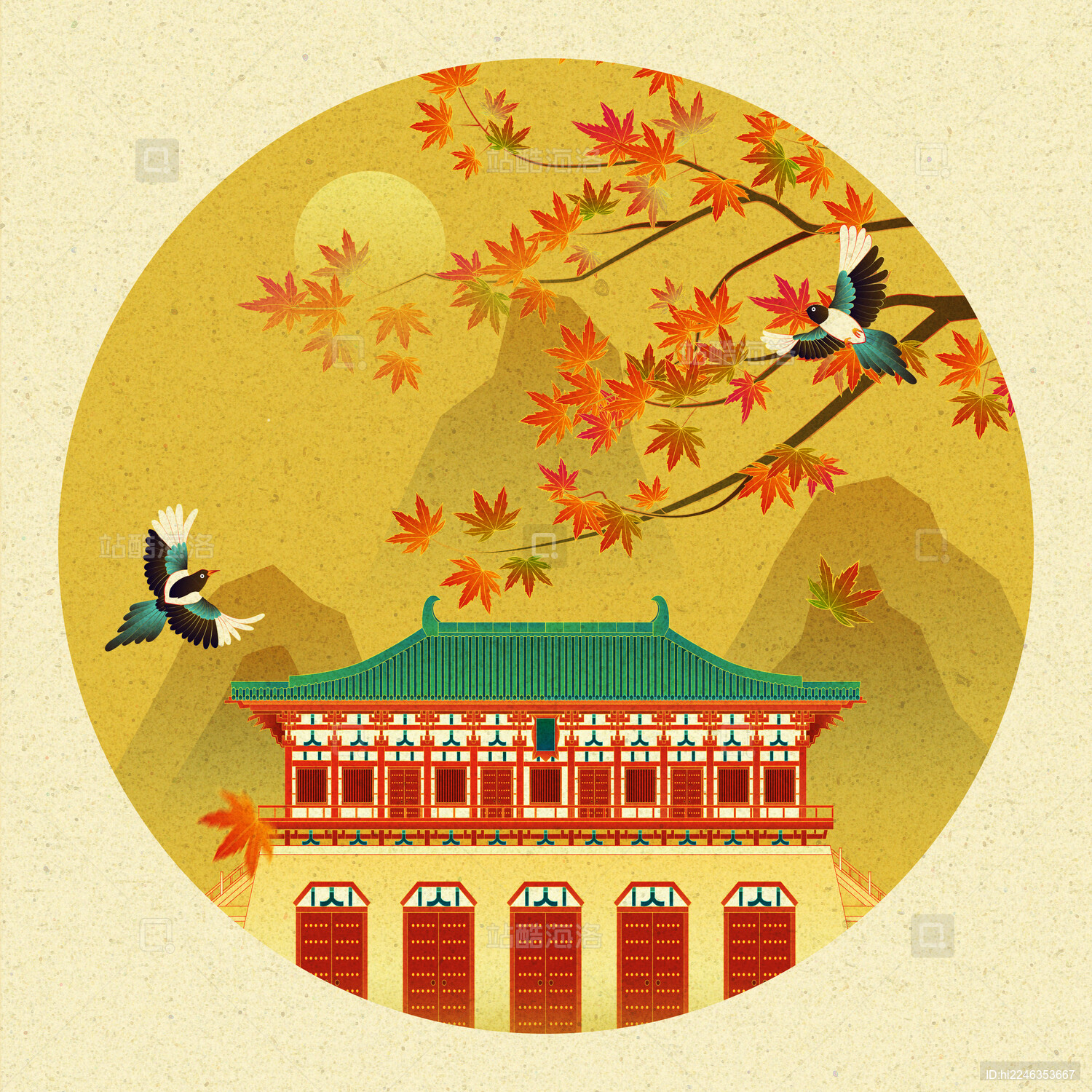 西安大明宫秋天枫叶喜鹊中国风插画