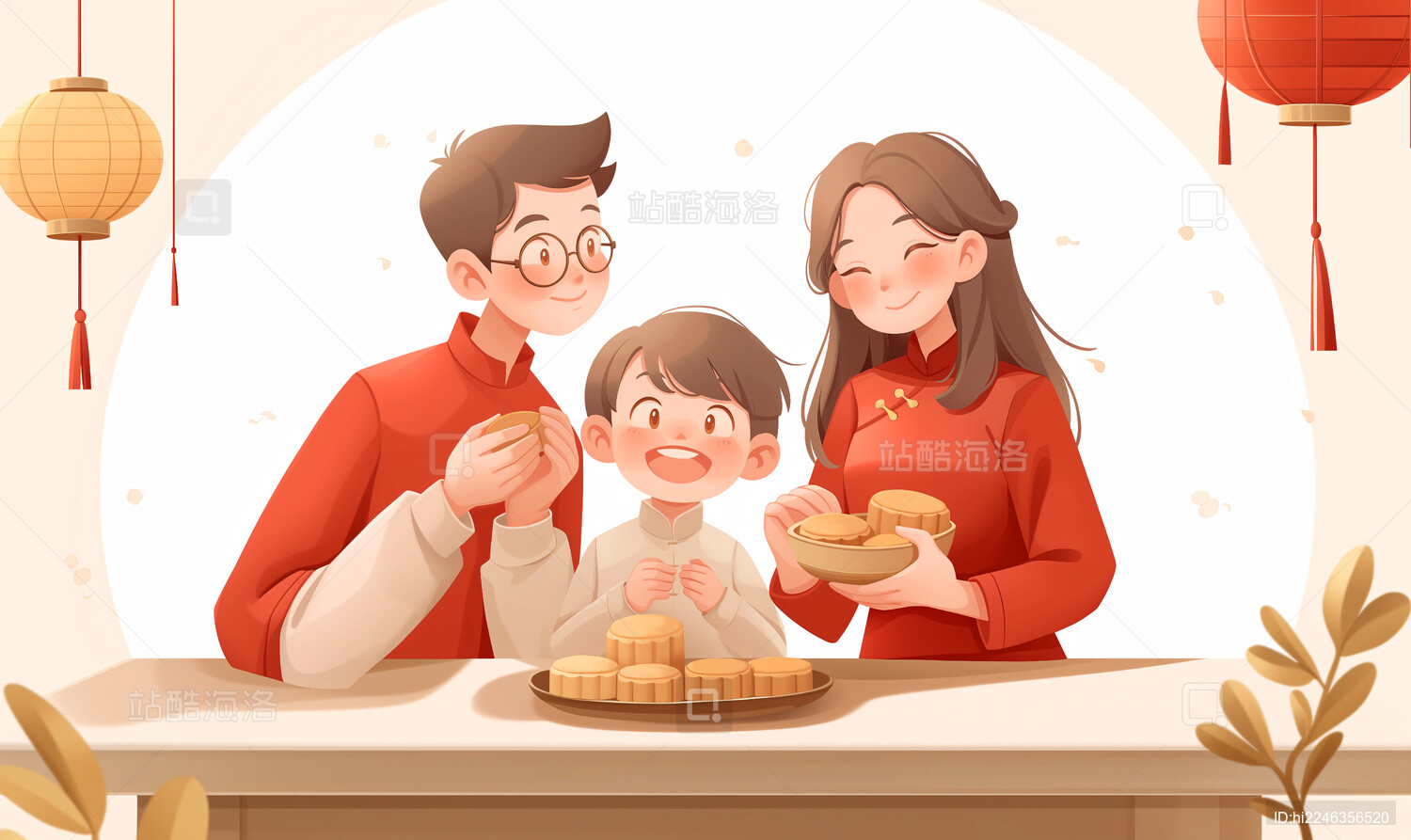 中秋节一家三口坐在一起吃月饼