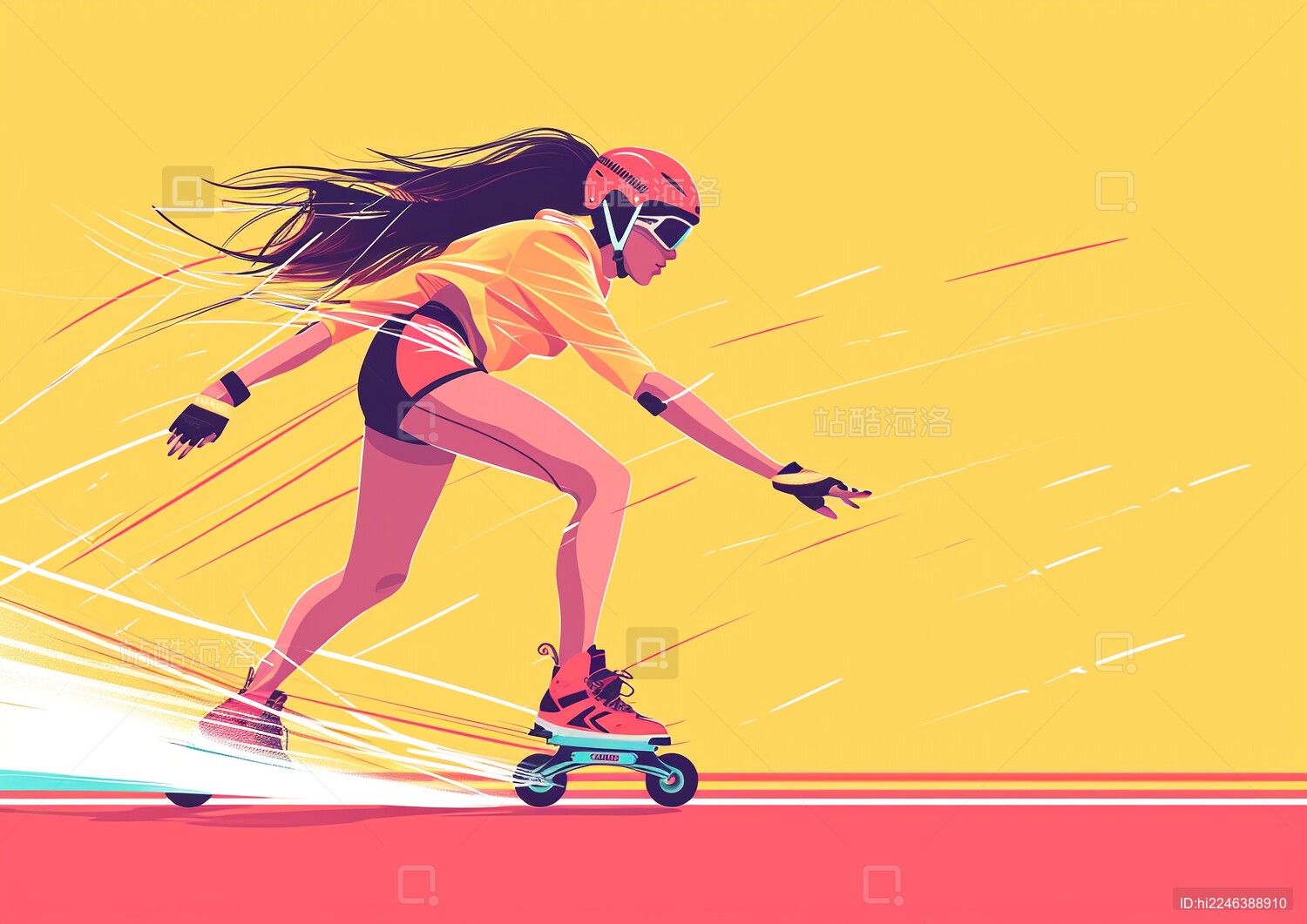 一个女生正在轮滑时尚插画