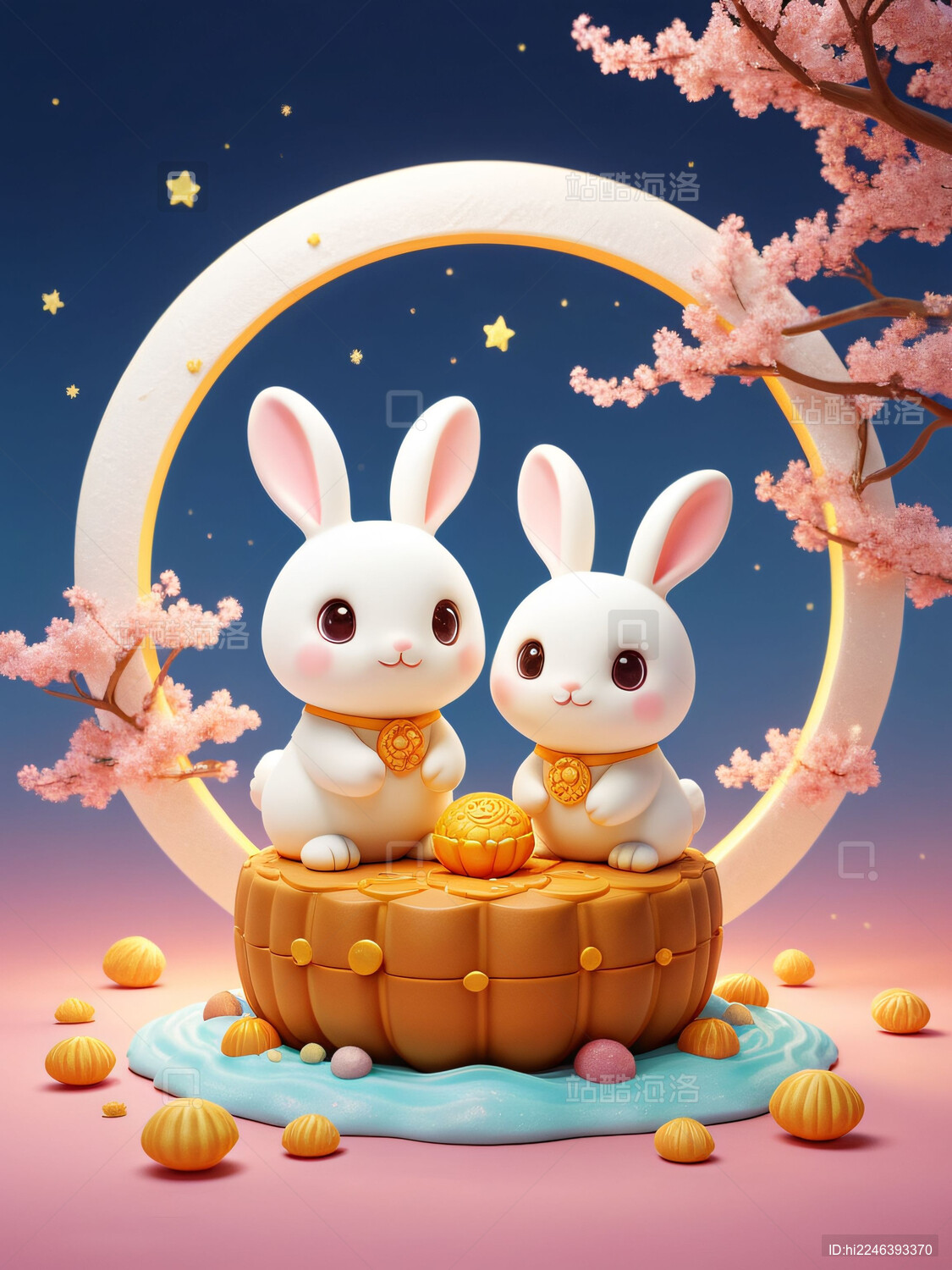 两只可爱的兔子在月饼上
