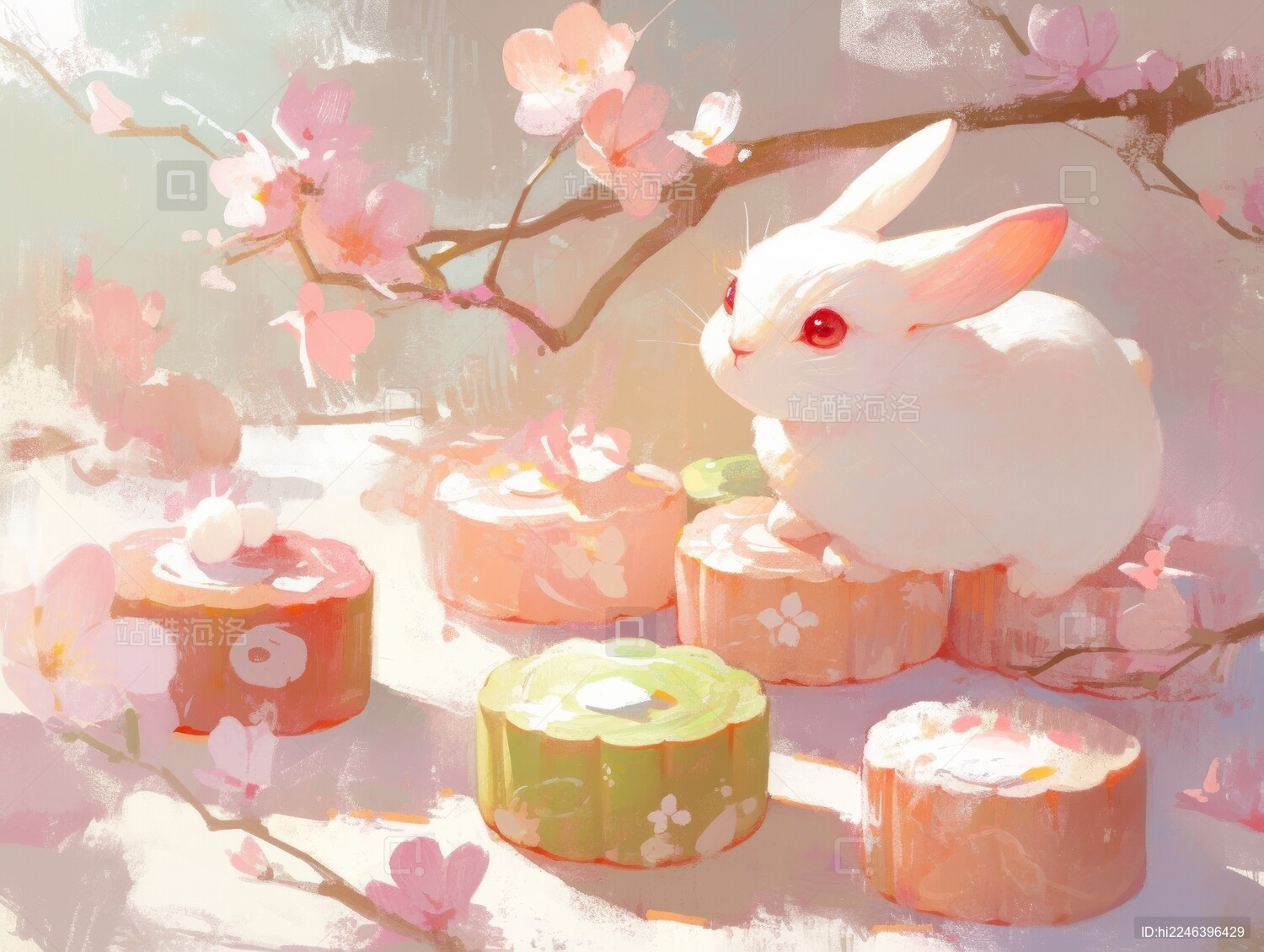 兔子玉兔月饼樱花可爱新中式风格插画