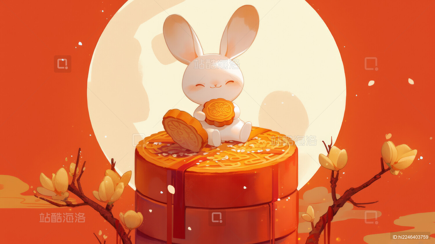 中秋节满月背景下正在吃月饼的可爱玉兔