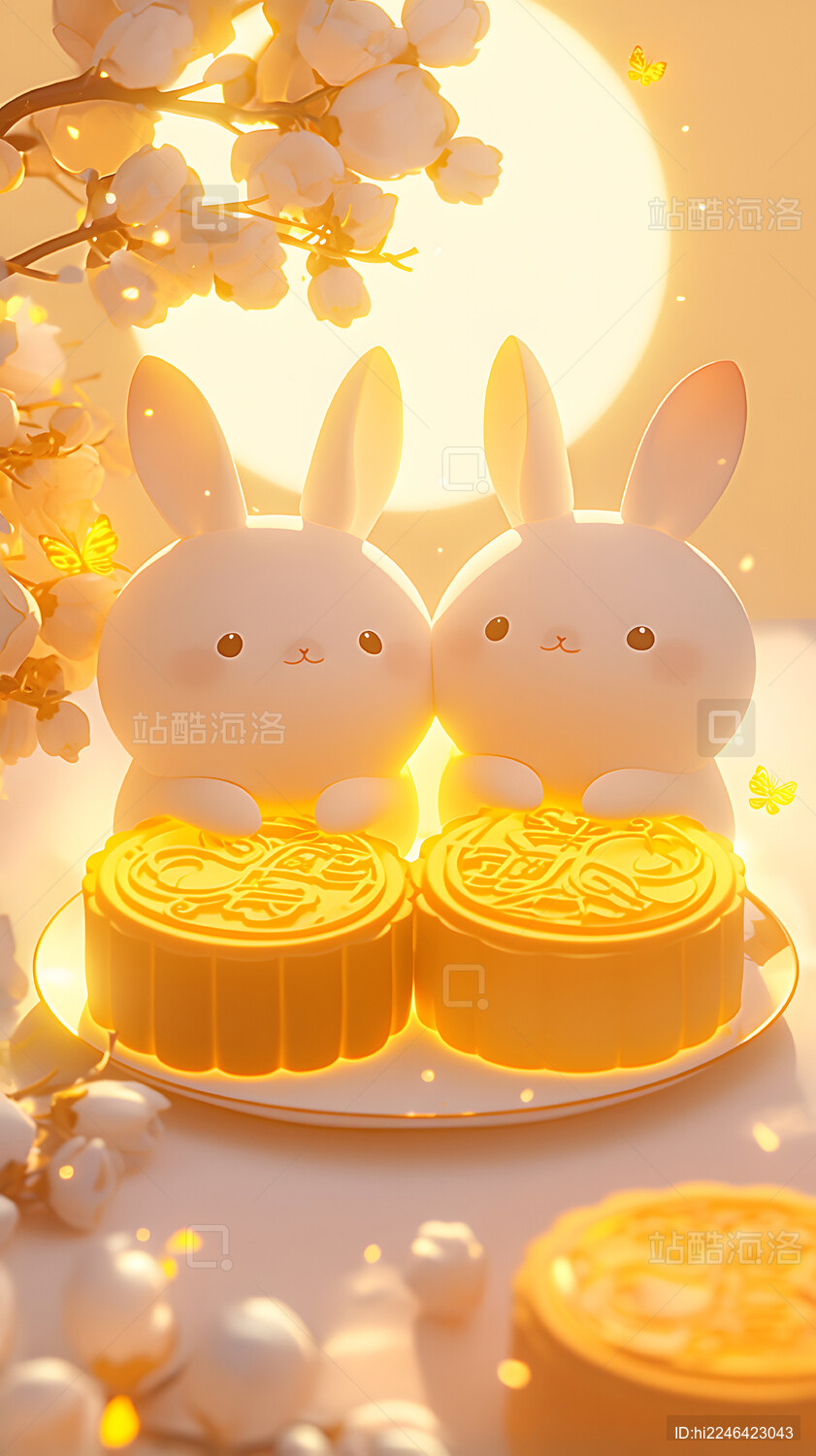 3D可爱兔子月亮和月饼中秋节插画