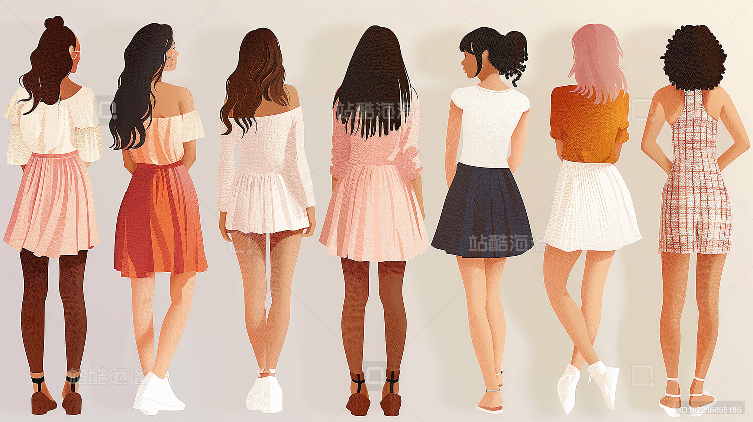 一群不同皮肤不同种族的模特背面服装插画秀