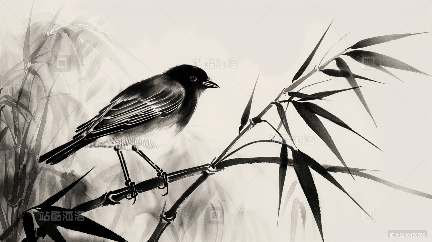 黑白水墨画风格竹叶与小鸟