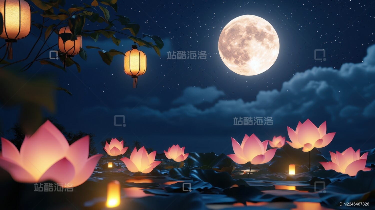 月光下的荷塘荷花