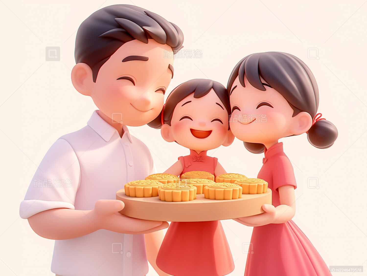 中秋节一家三口拿着月饼庆祝