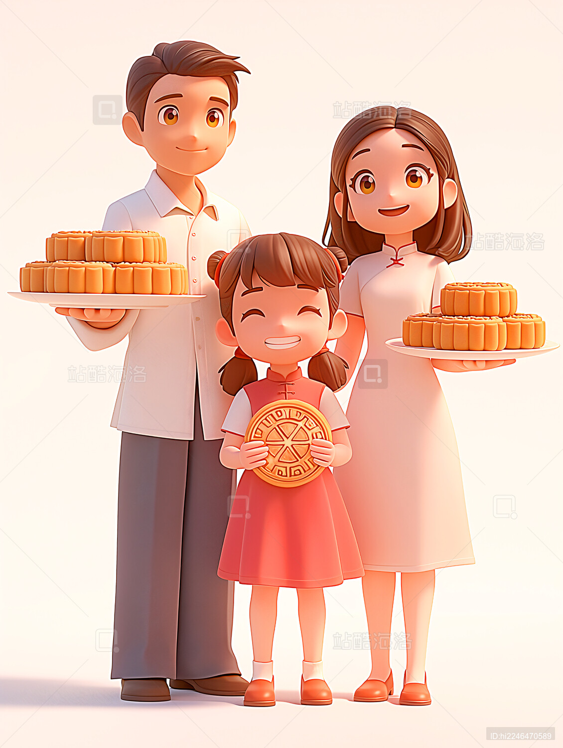 中秋节一家三口拿着月饼庆祝