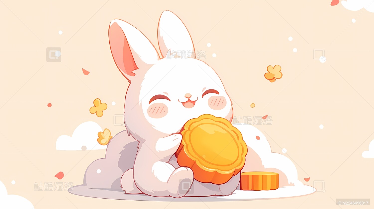 中秋节插画 月兔抱着月饼