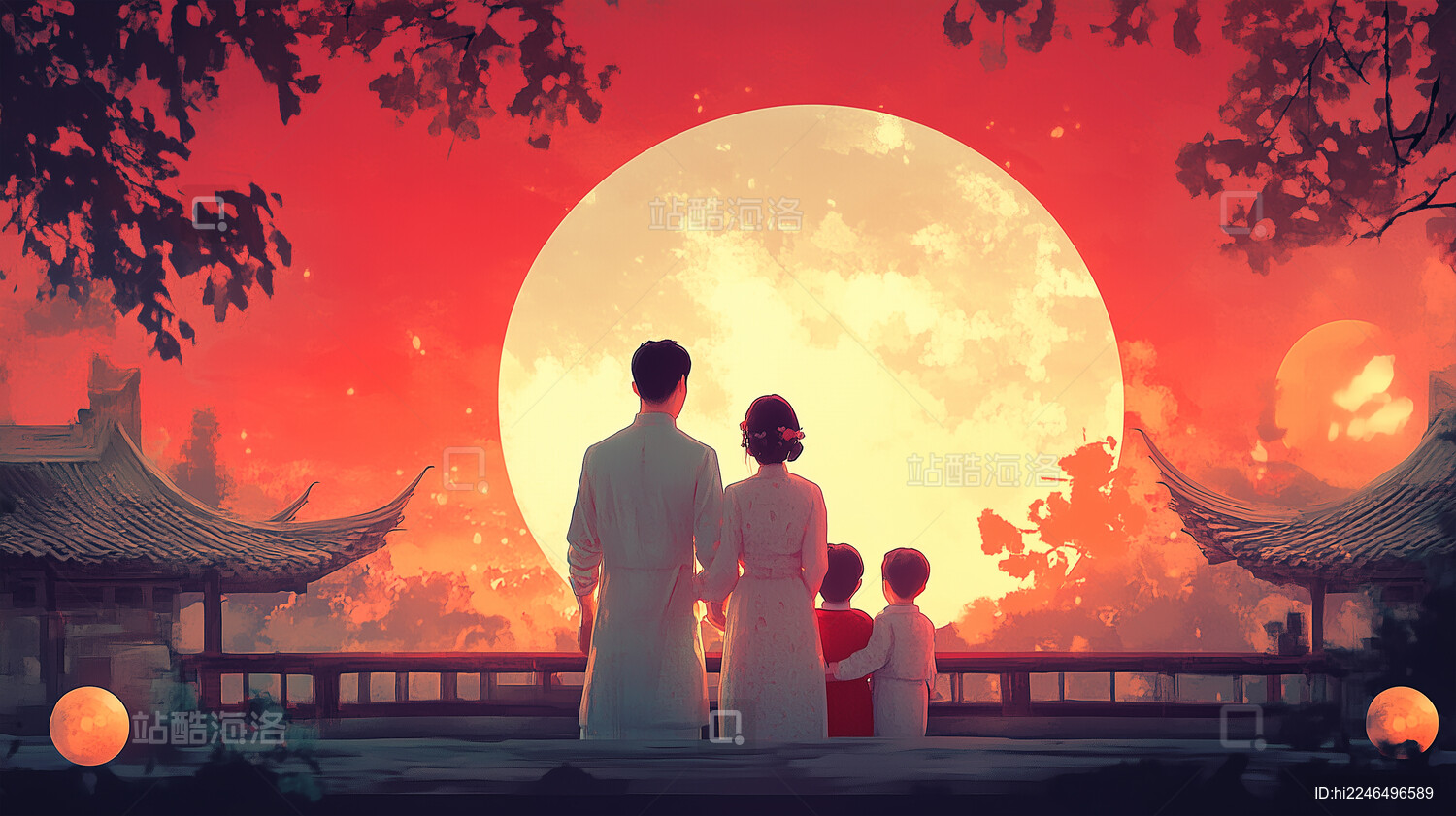 复古渐变风格阖家团圆场景插画