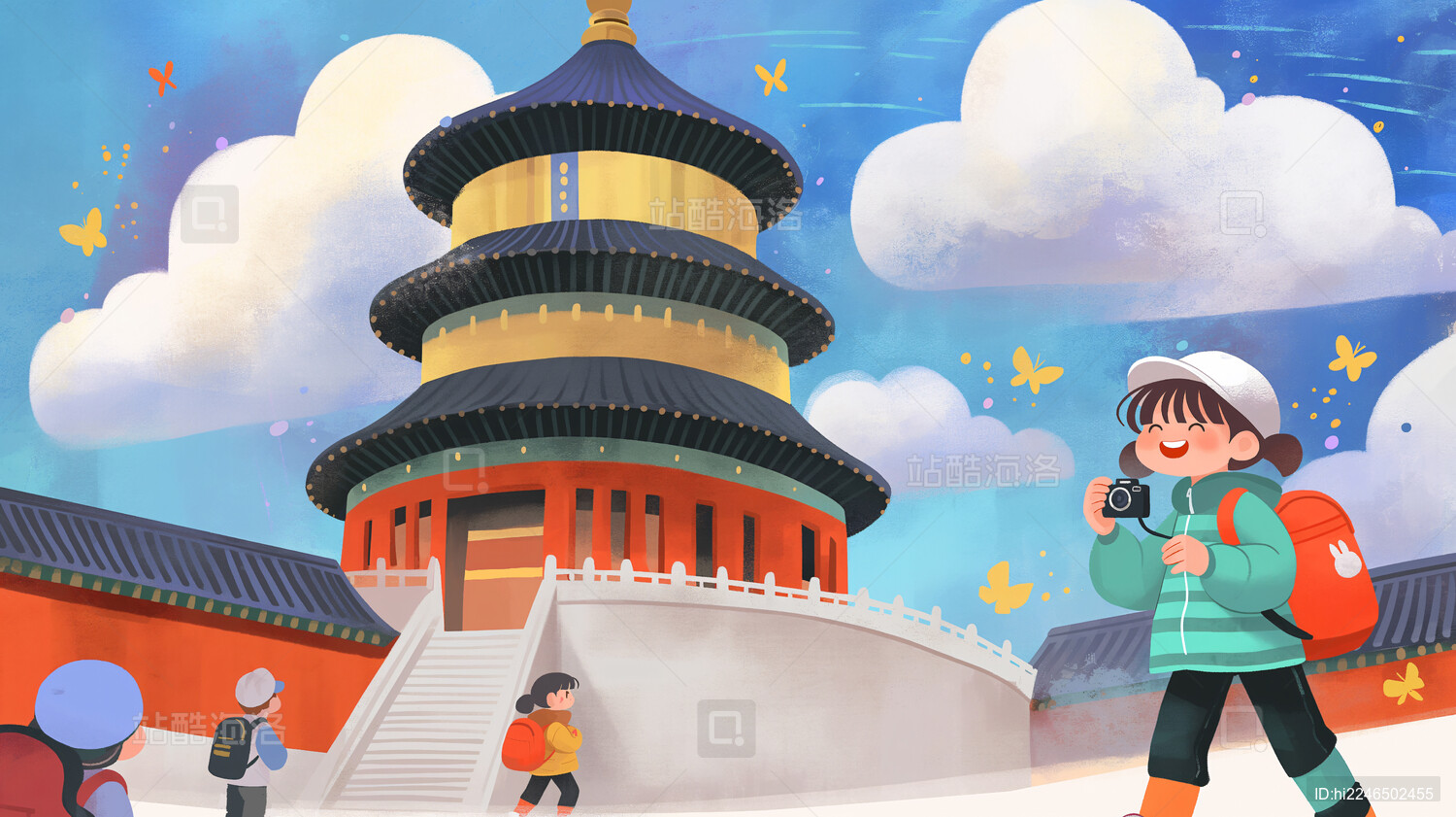 游客来到天坛下合影拍照