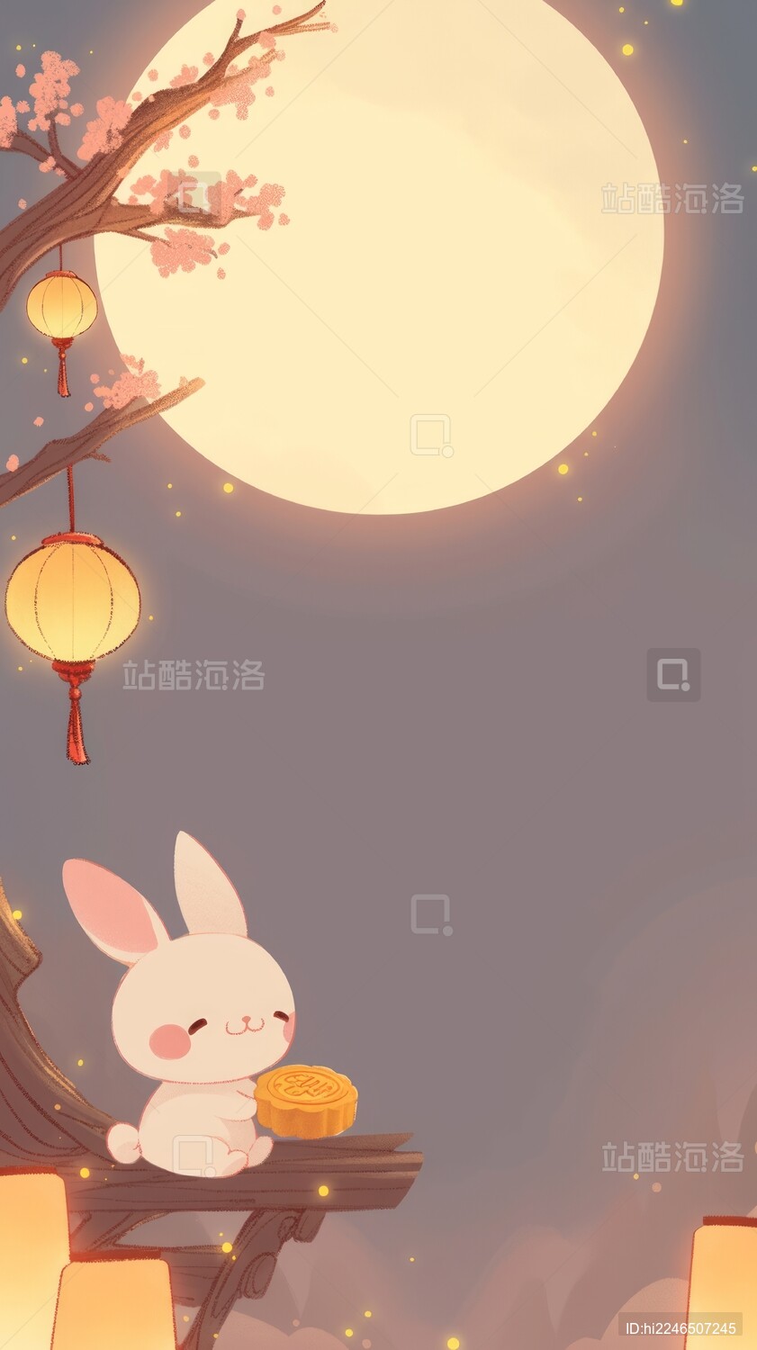 中秋节在满月下吃月饼的玉兔插画