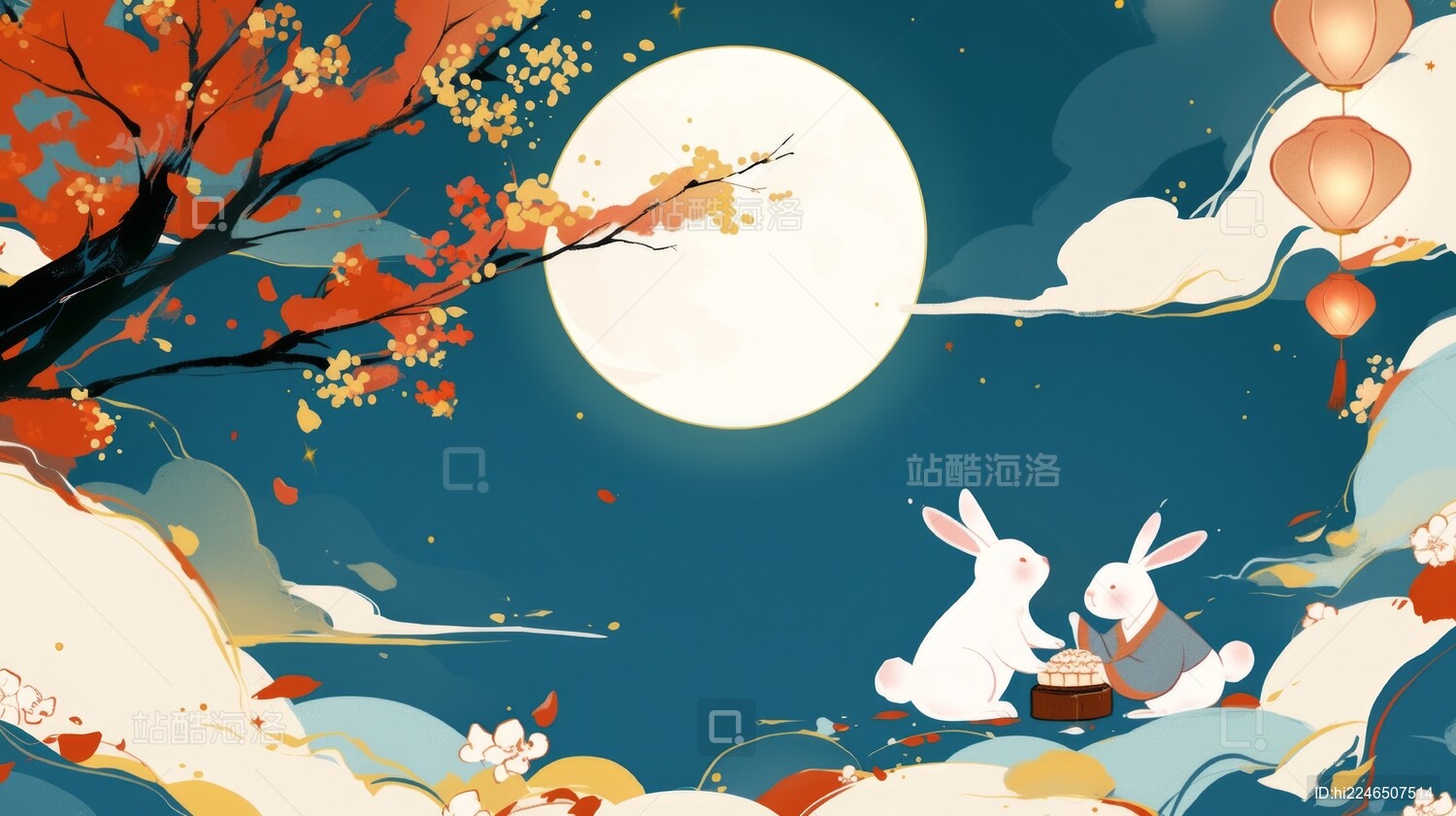 中秋节在满月下吃月饼的玉兔插画