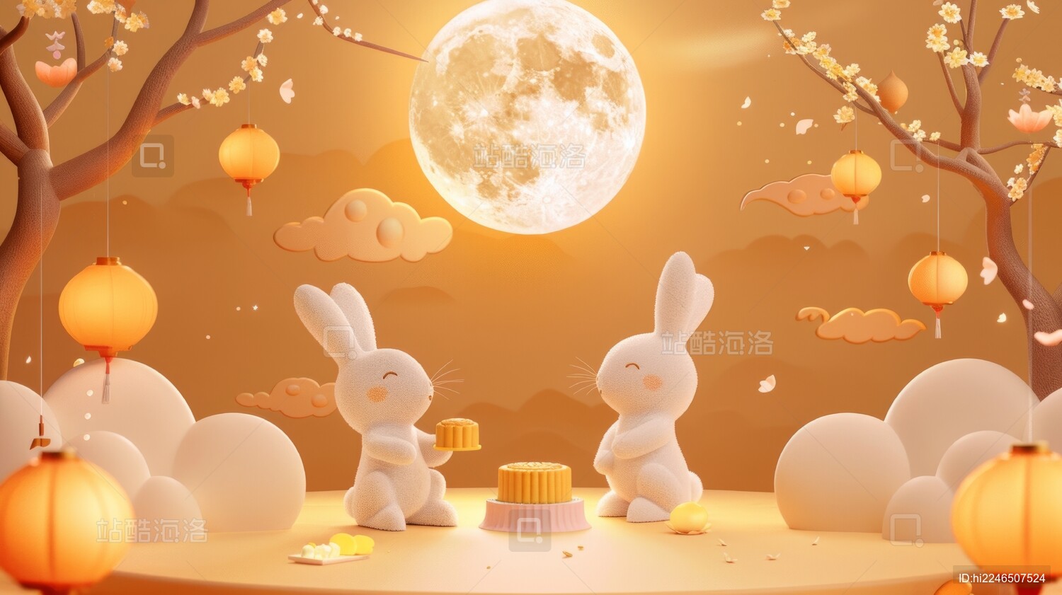 中秋节在满月下吃月饼的玉兔插画