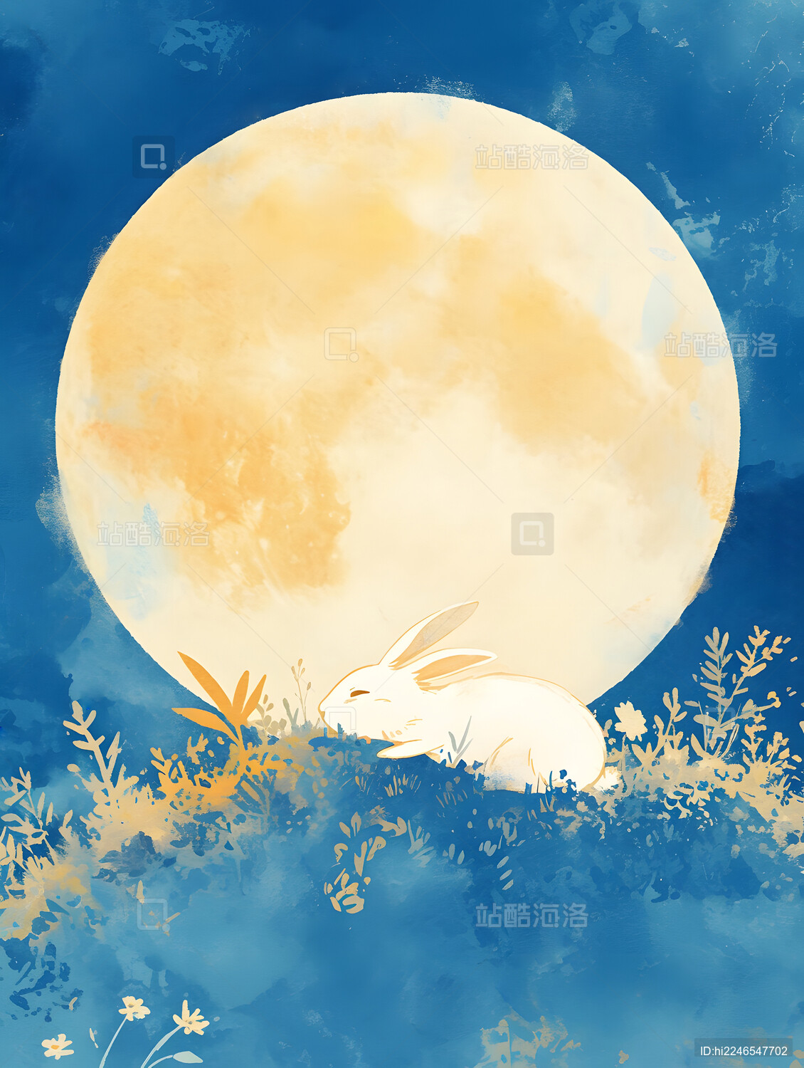 月亮前兔子趴在草地上