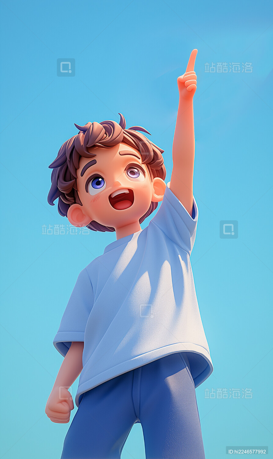 3d卡通可爱男孩手指向上指着