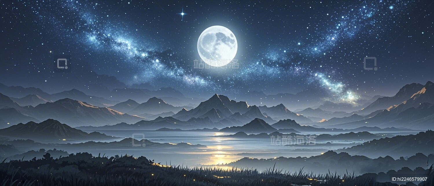 中秋插画蓝色梦幻星空圆月