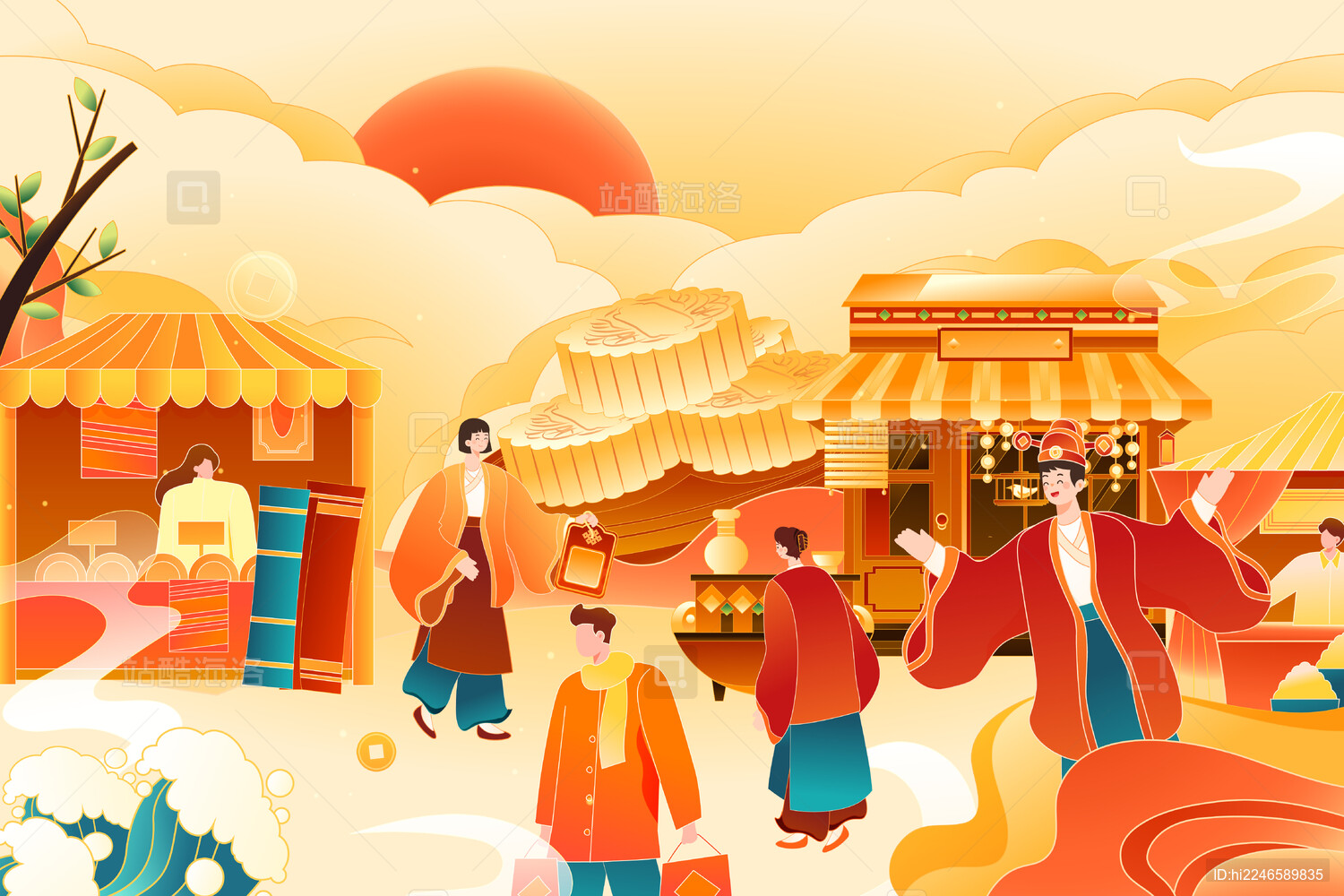 中秋节古人背景矢量插画