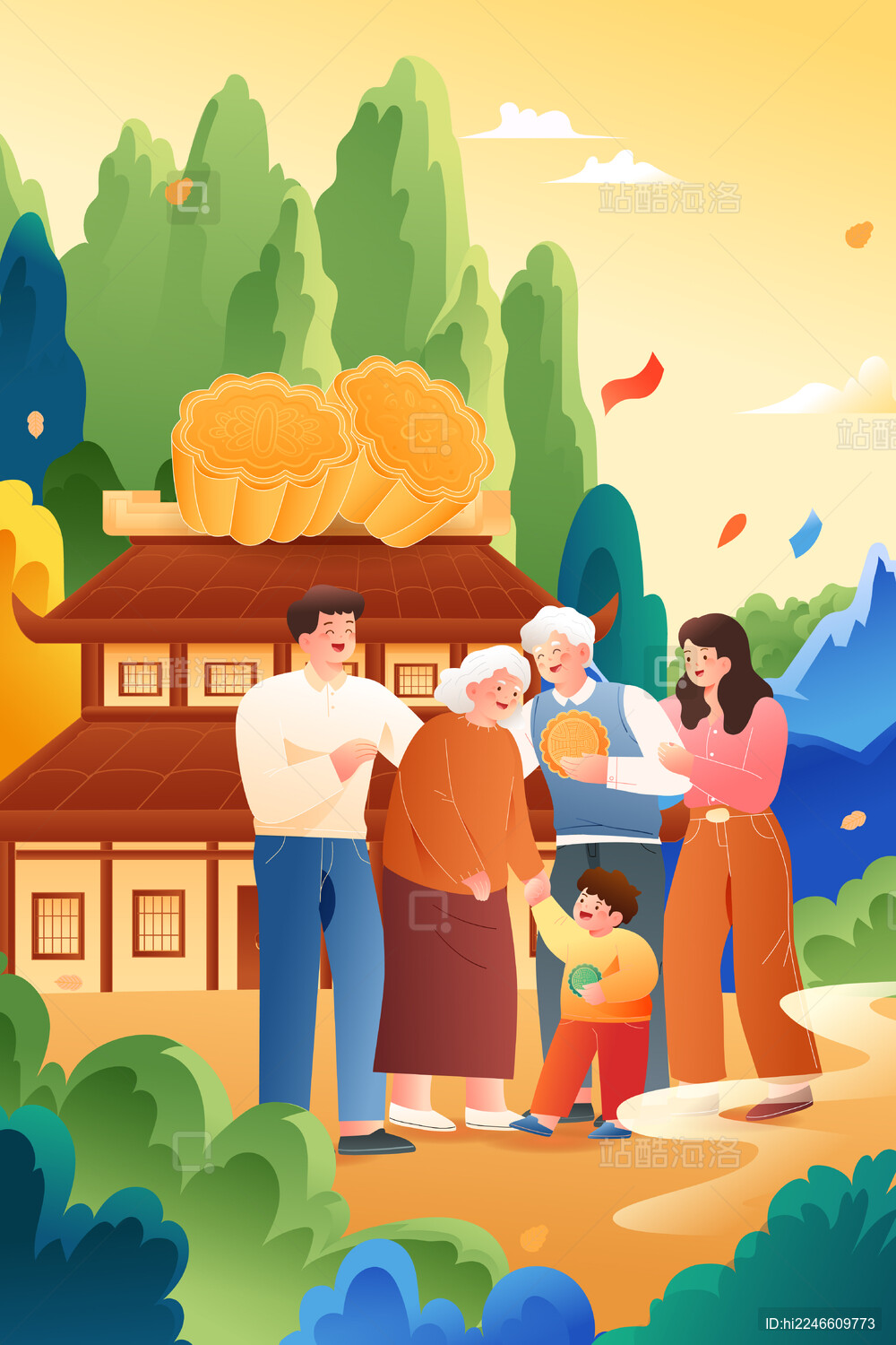 中秋节家人矢量插画