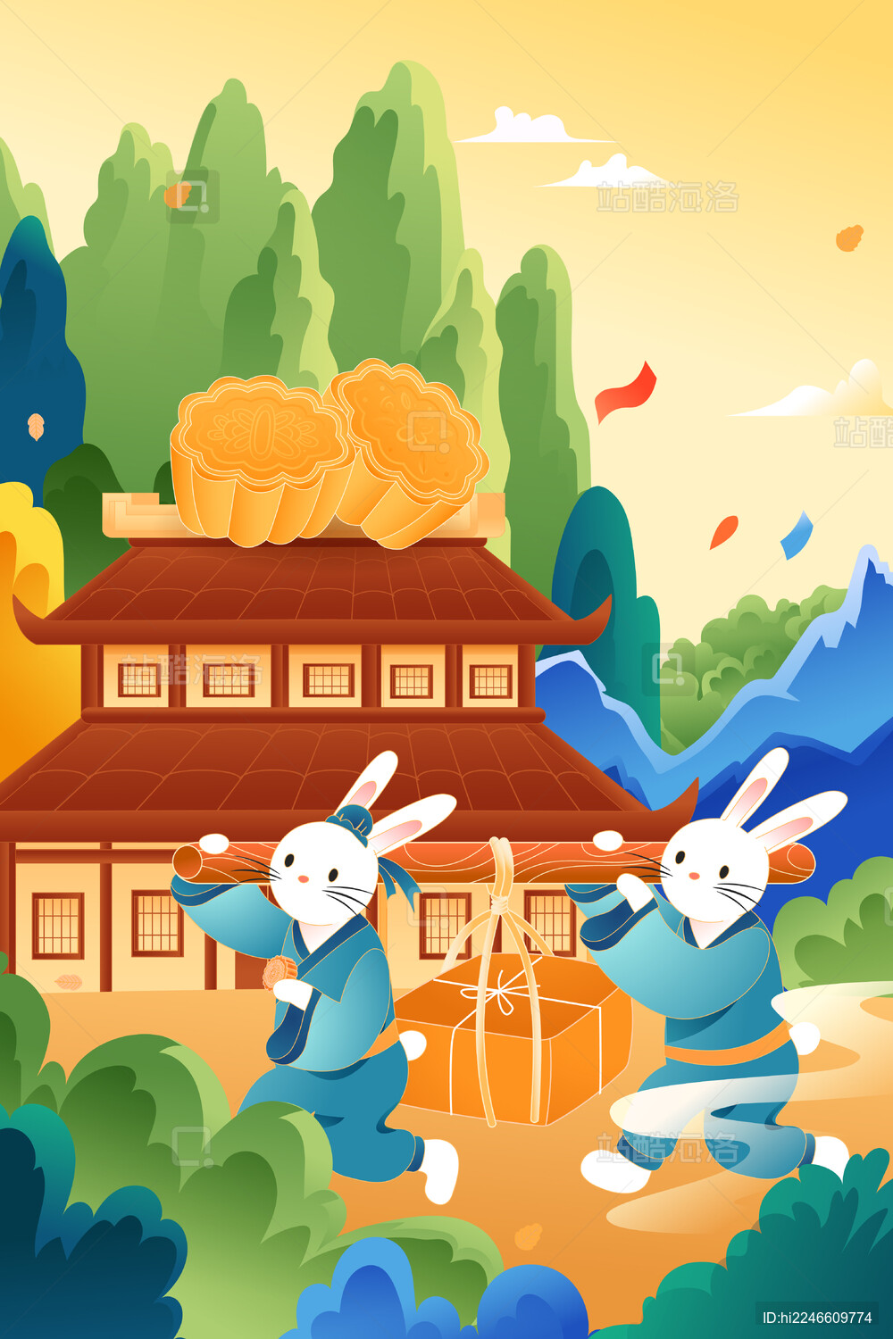 中秋节兔子月饼矢量插画