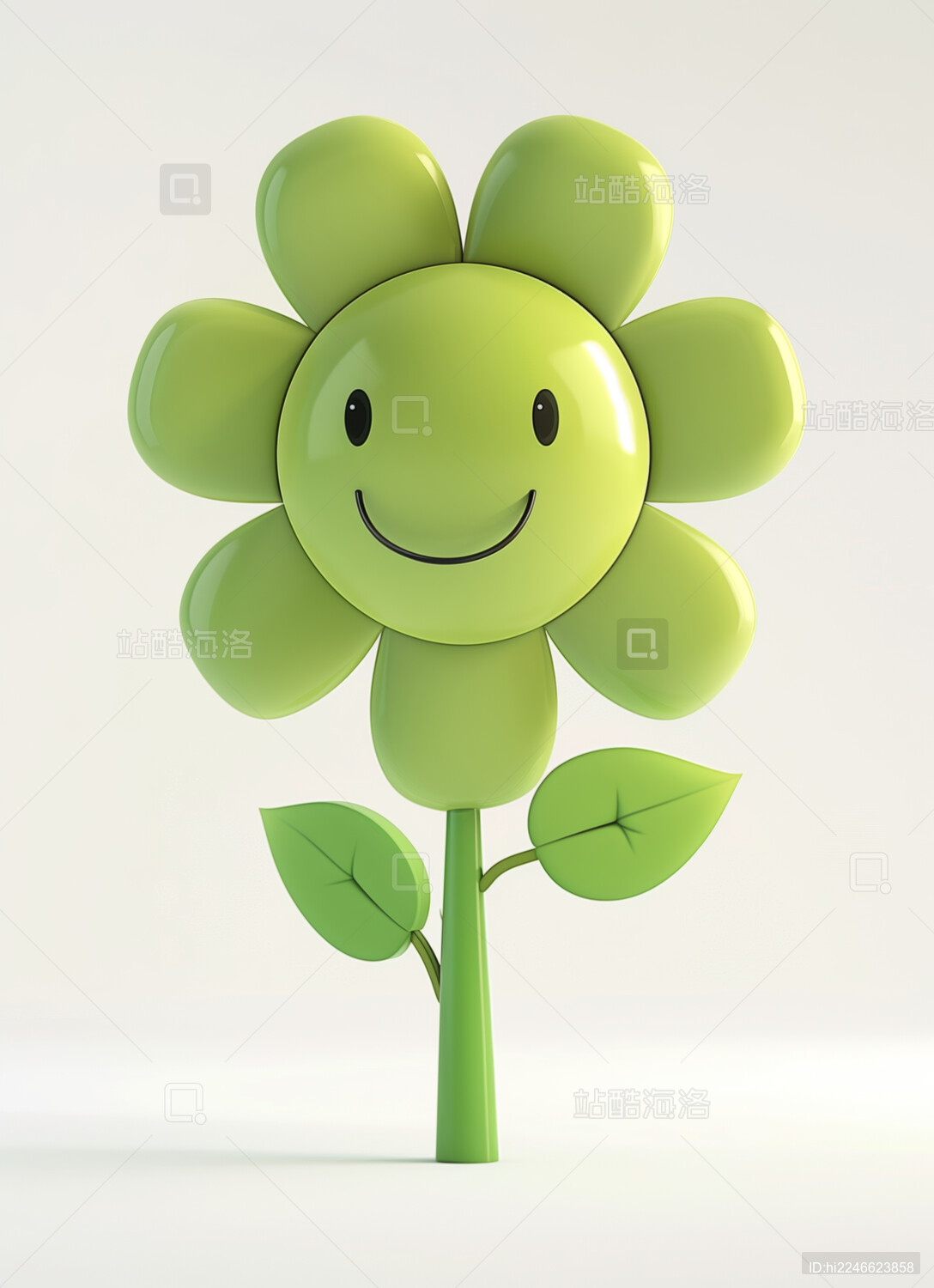 一朵绿色3d小花微笑卡通形象