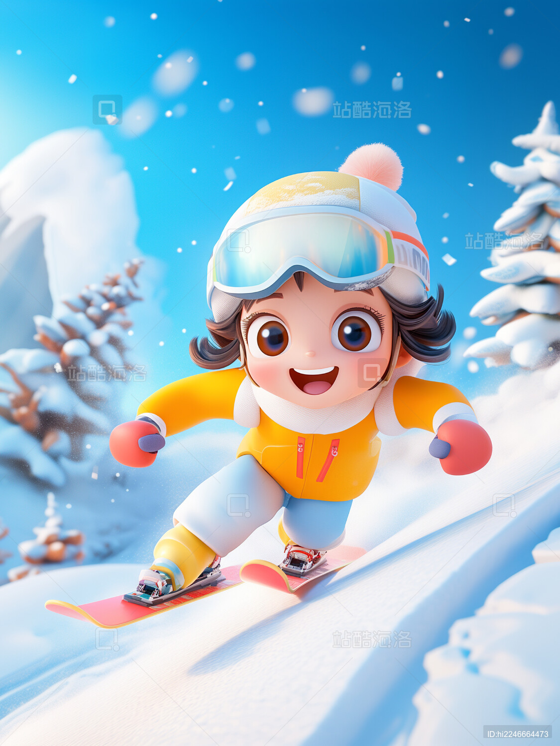 3d卡通女孩在户外滑雪