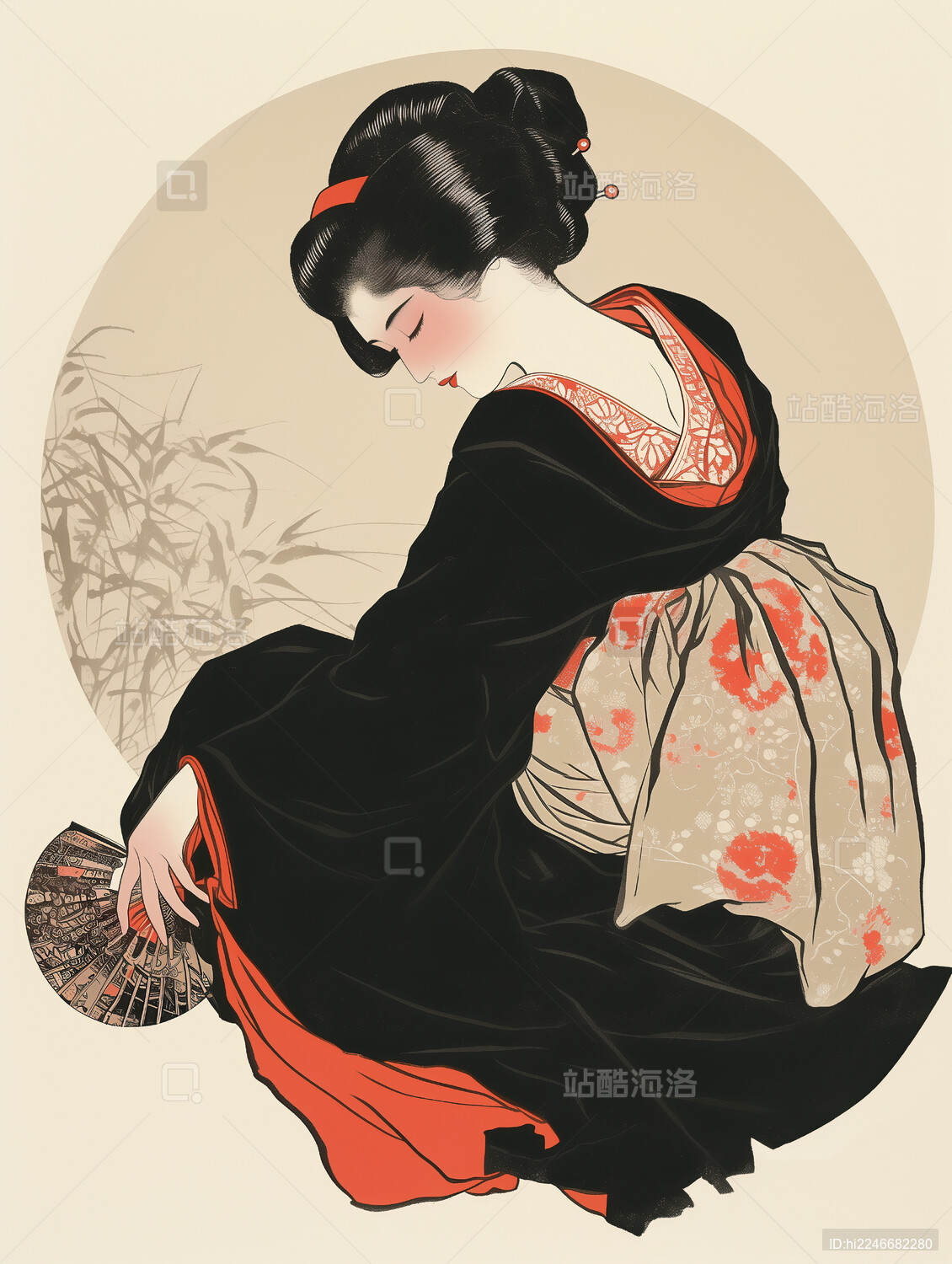 日式浮世绘风格拿扇子的和服女人插画