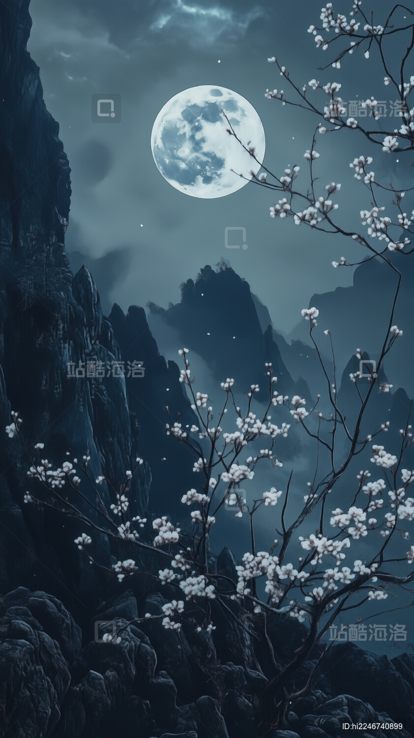 工笔画月光下的桃花