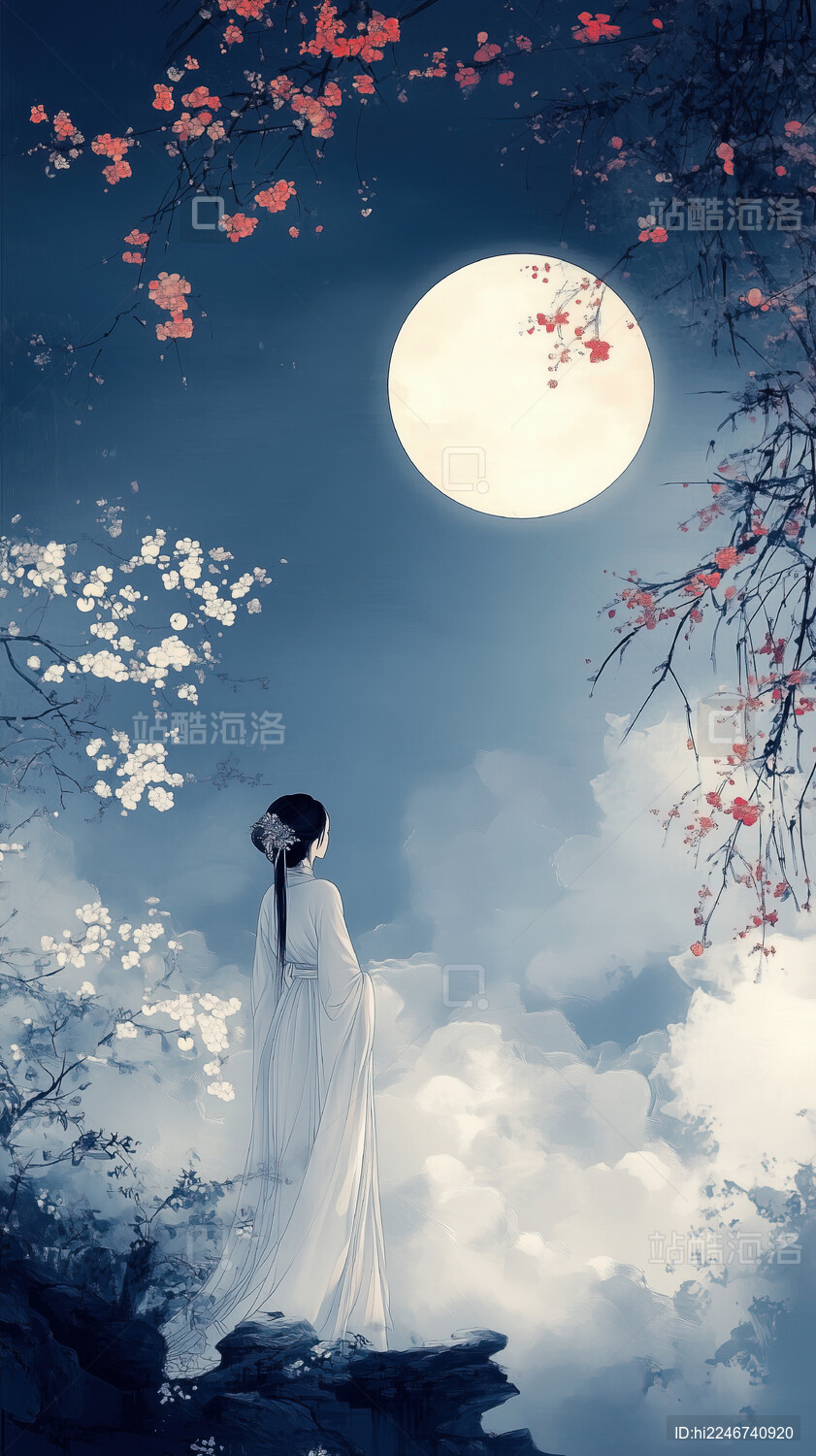 工笔画月光下的汉服女人