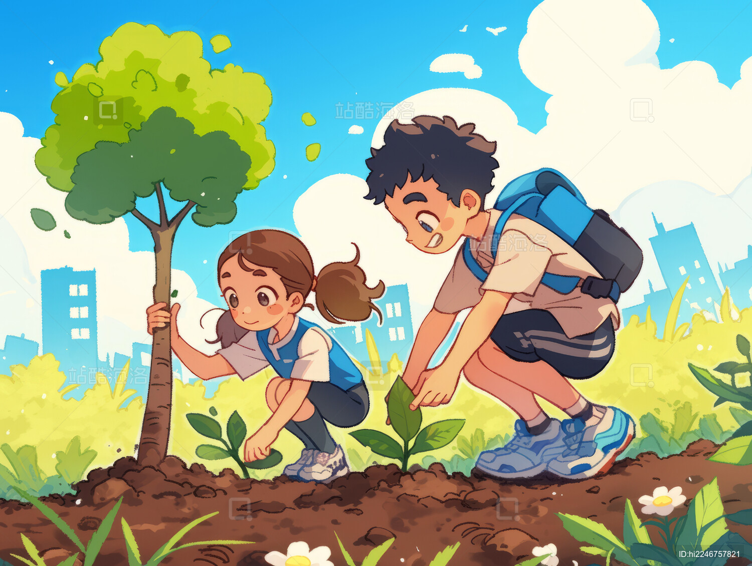 两个人植树节种树保护环境插画