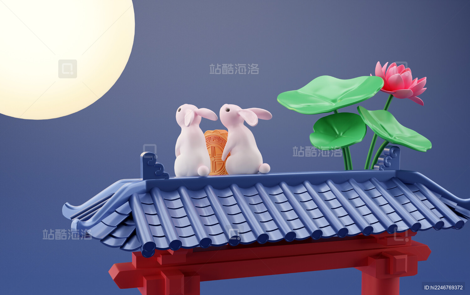 中秋节站在古建筑屋顶瓦上的两只兔子看月亮