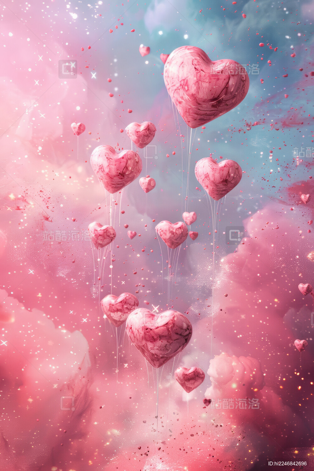 漂浮在天空中的粉色爱心三维形状