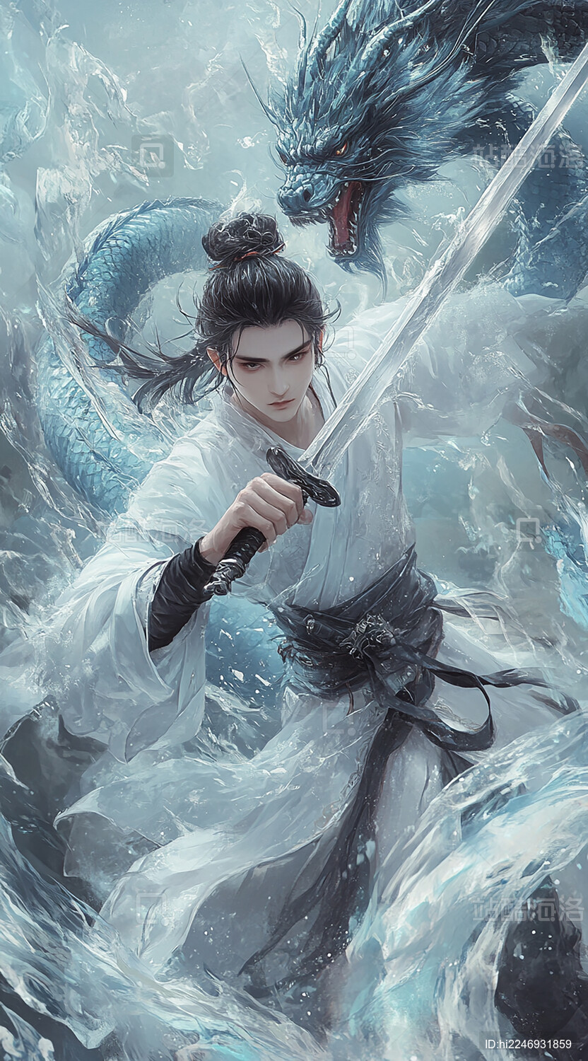 古风的手持冰剑的玉面小白龙