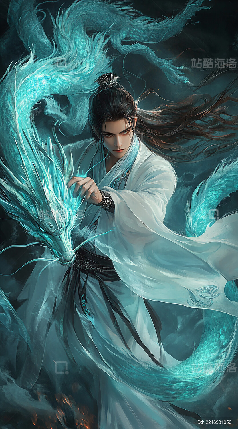 古风的手持冰剑的玉面小白龙
