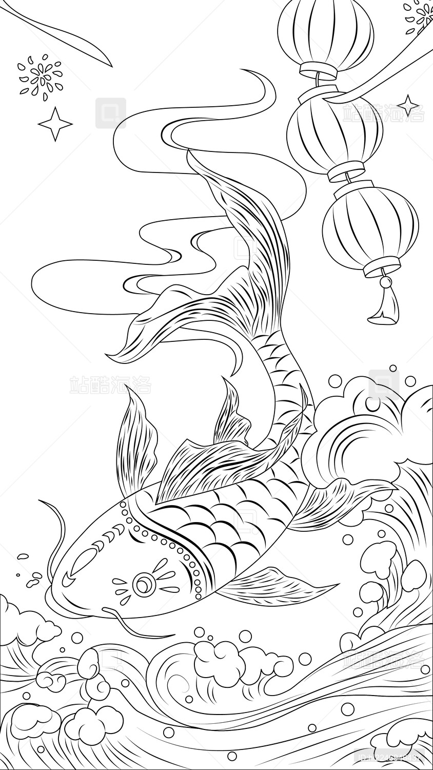 国潮祥云和红灯笼白描线条插画