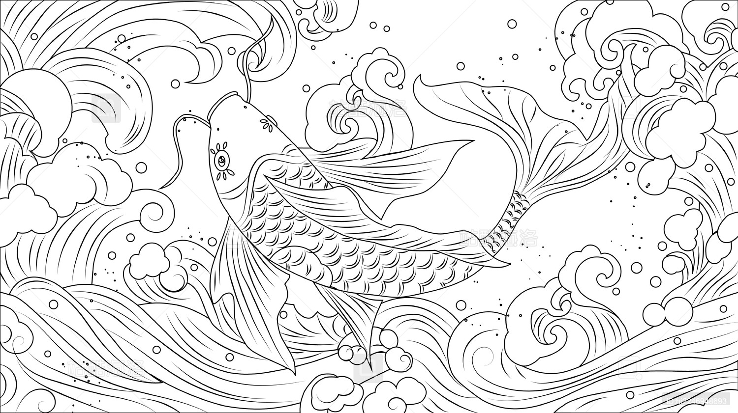 国潮祥云和锦鲤白描线条插画
