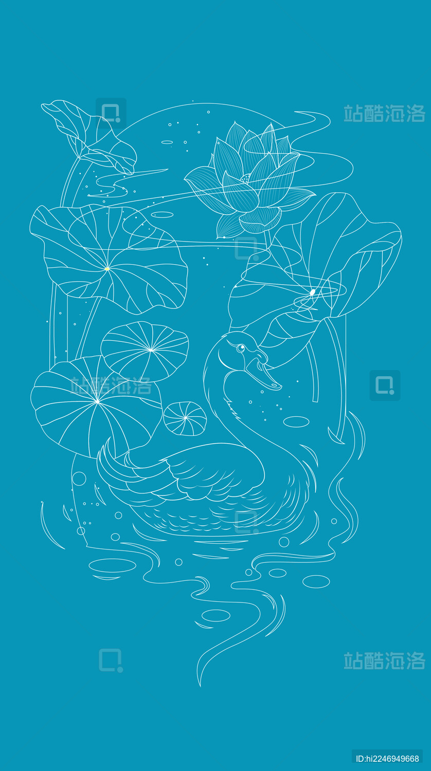 天鹅和荷叶国潮插画白描线条