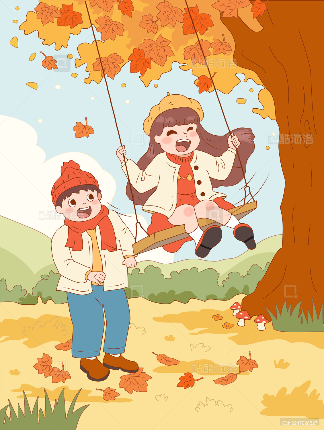 秋天女孩在树下荡秋千男孩玩耍落叶儿童插画