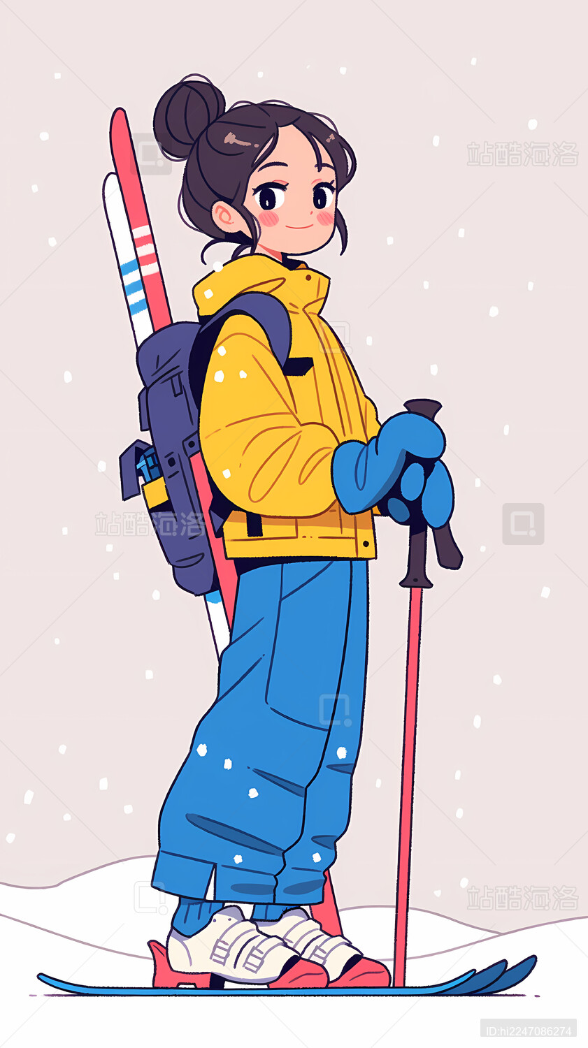 女生滑雪矢量风格插画