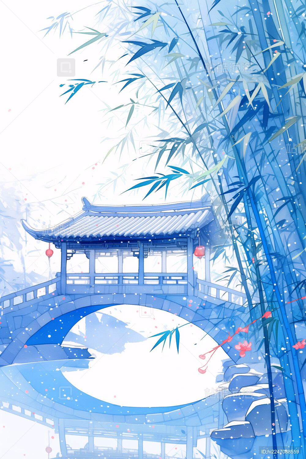 河流水面石桥竹子古建筑意境国风插画