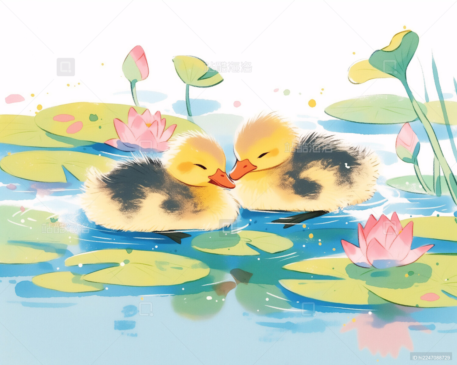 池塘水面上两只可爱小鸭子荷叶荷花夏至插画