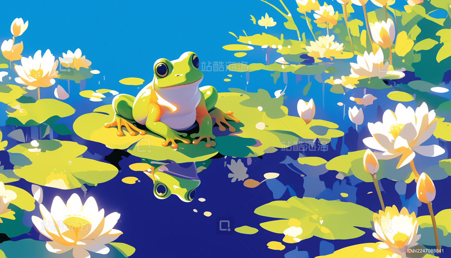 池塘中青蛙趴在荷叶上荷花夏天大暑节气插画