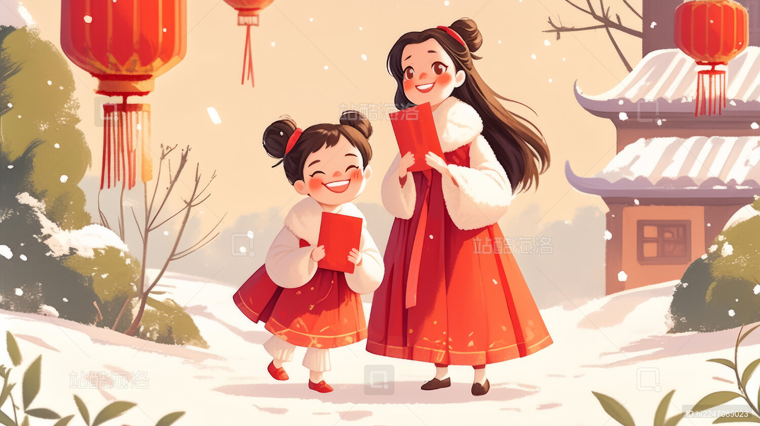 冬天雪景两个古装女生灯笼户外植物喜庆插画