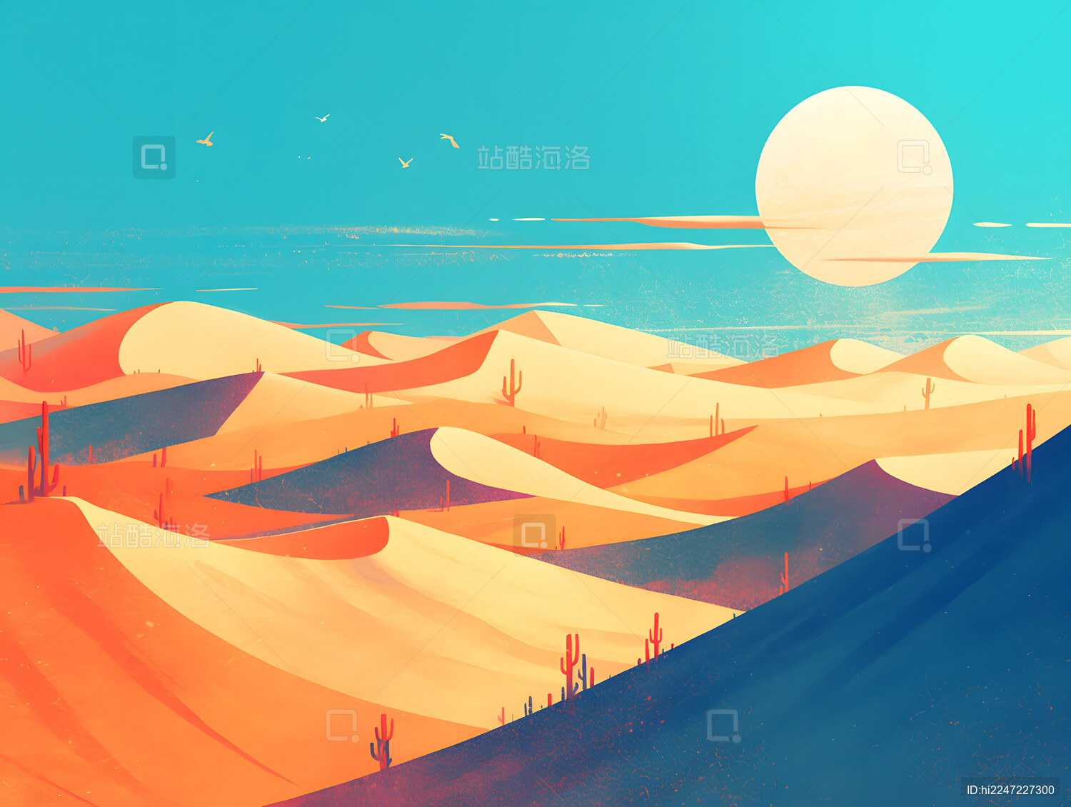 沙漠落日风景卡通插画