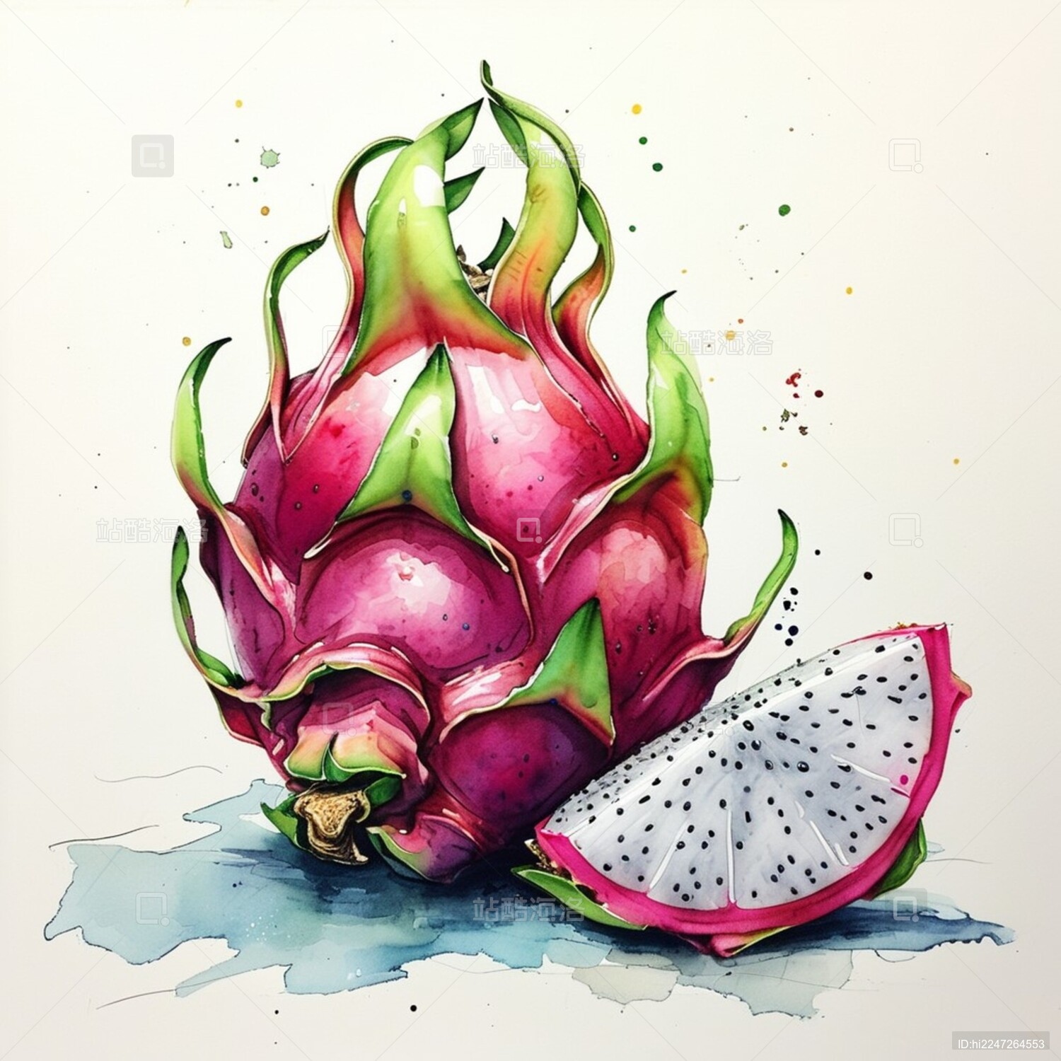 水彩风格清新水果火龙果艺术化插画