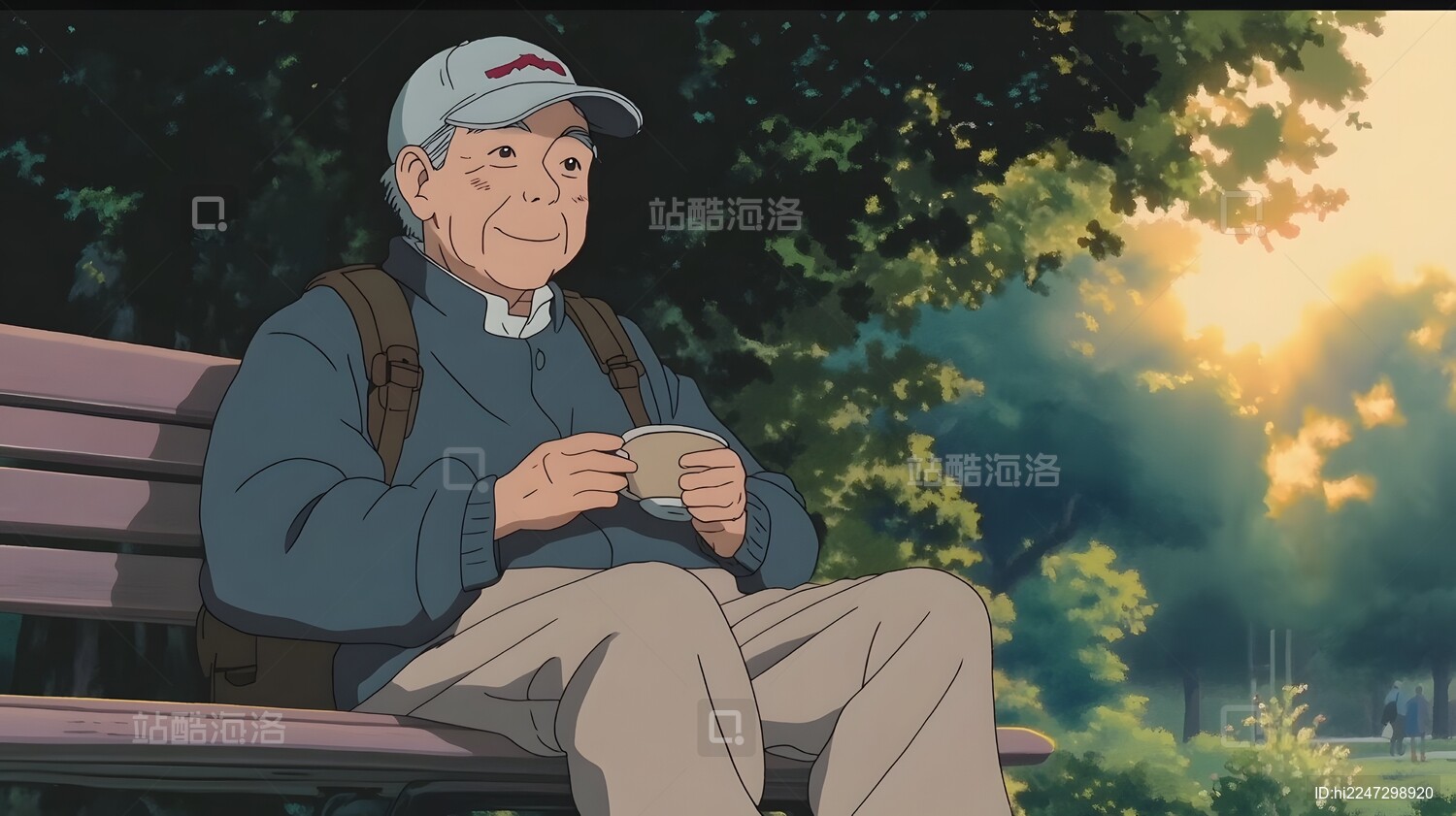 宫崎骏日漫人物老人坐在公园的长椅上喝热茶