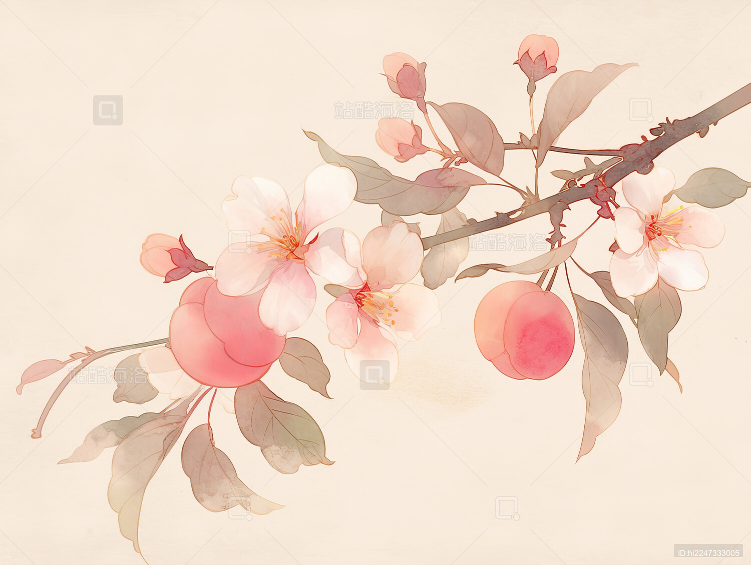 国风水蜜桃桃子水果国画工笔画