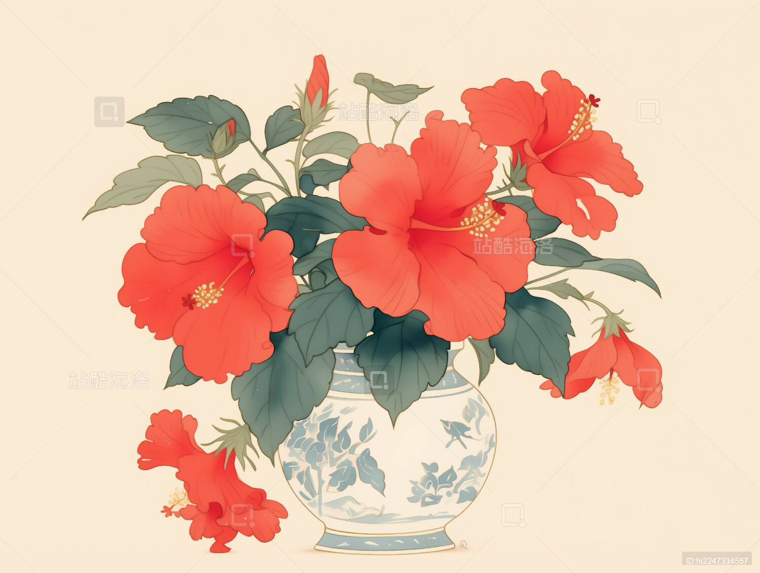 花瓶中芙蓉花简约插画